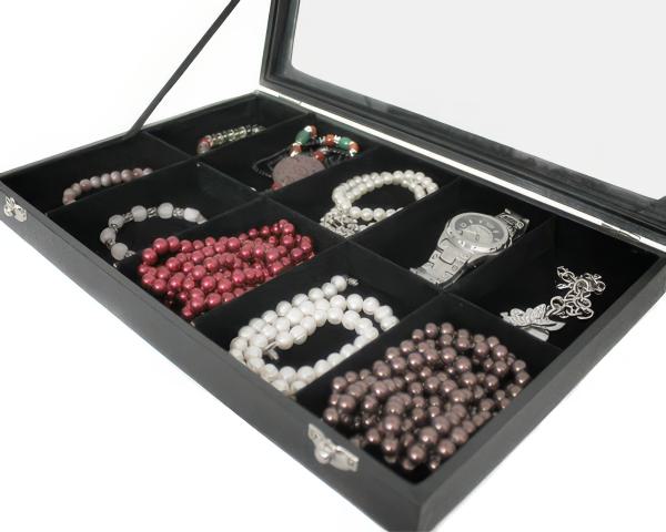 Schmuckkasten Schmucklade Schaukasten Schmuckdisplay mit Glasdeckel mit 10 Fächern schwarz